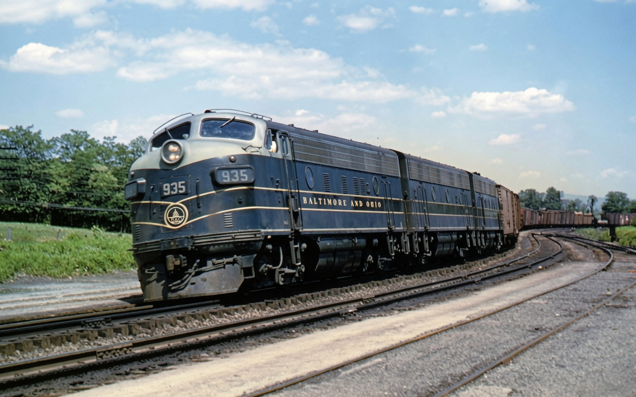 Baltimore and Ohio F7s led by 935 westbound at Shenandoah Junction West Virginia September 1955