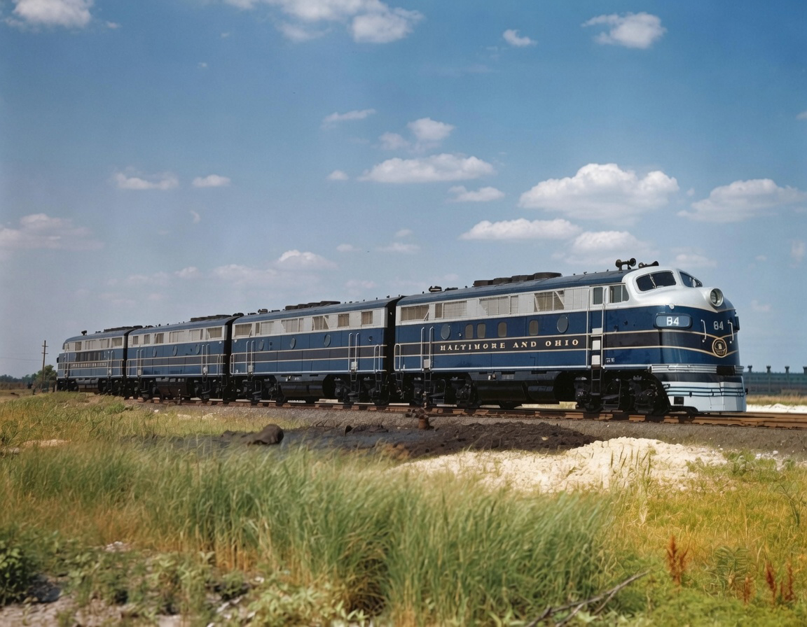 Electro-Motive builders photo of new Baltimore and Ohio F3s with 84 closest July 1947