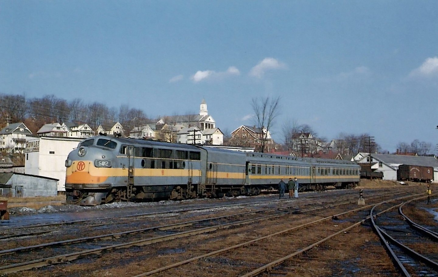 New York Ontario and Western F3A 502 with an inspection train of observation cars at Middletown New York in March 1957