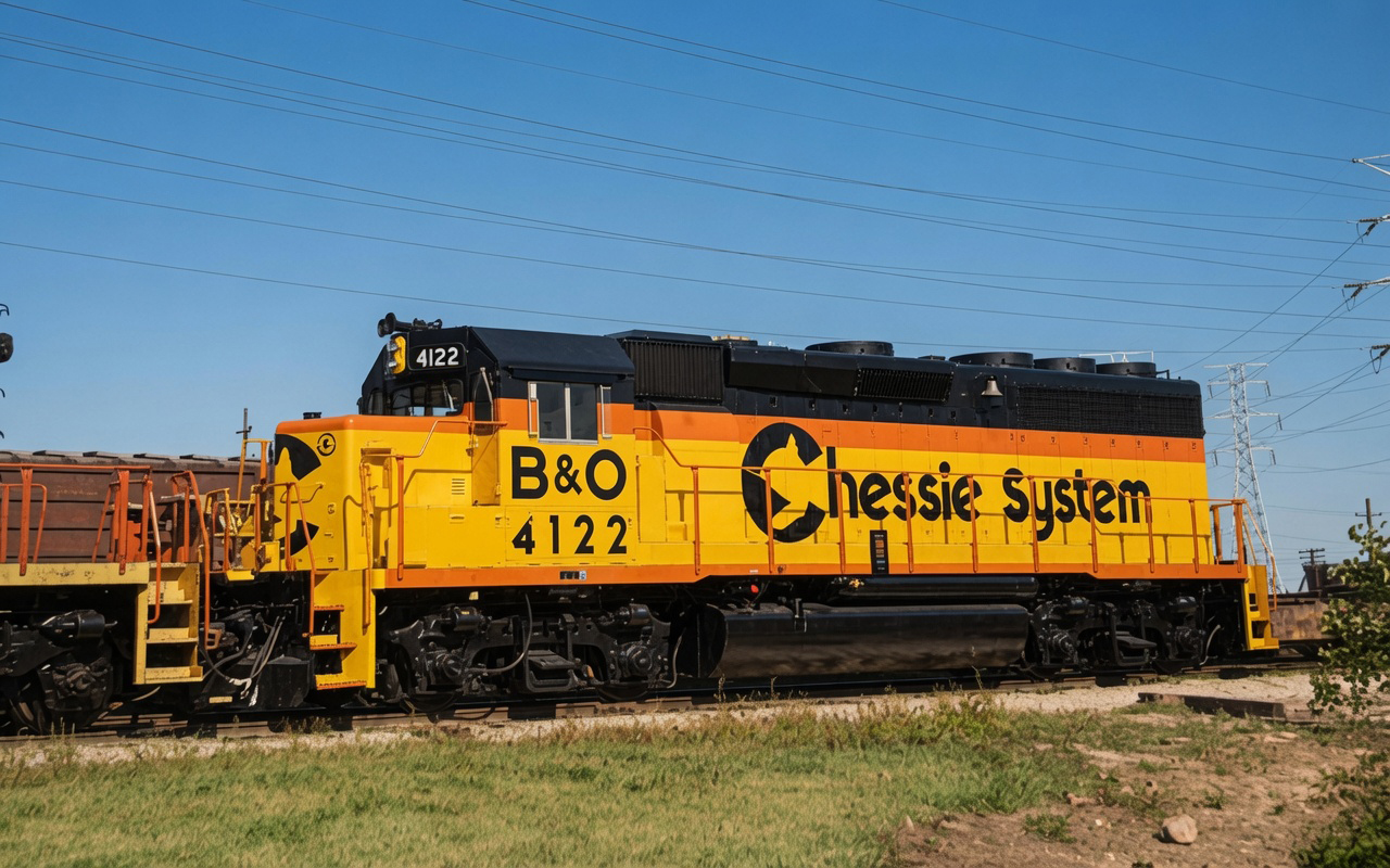 New Chessie System Baltimore and Ohio GP40-2 4122 with oversized B and O lettering at EMD McCook Illinois September 9 1972
