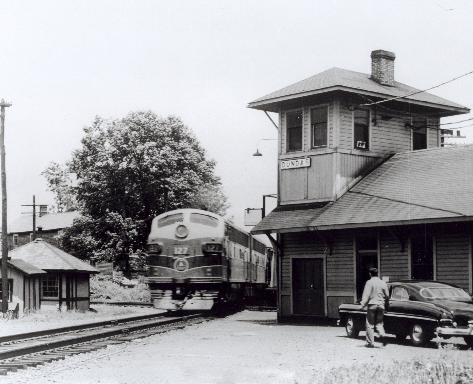 Baltimore and Ohio F3 127 freight Dundas Ohio tower crossing C and O early 1950s