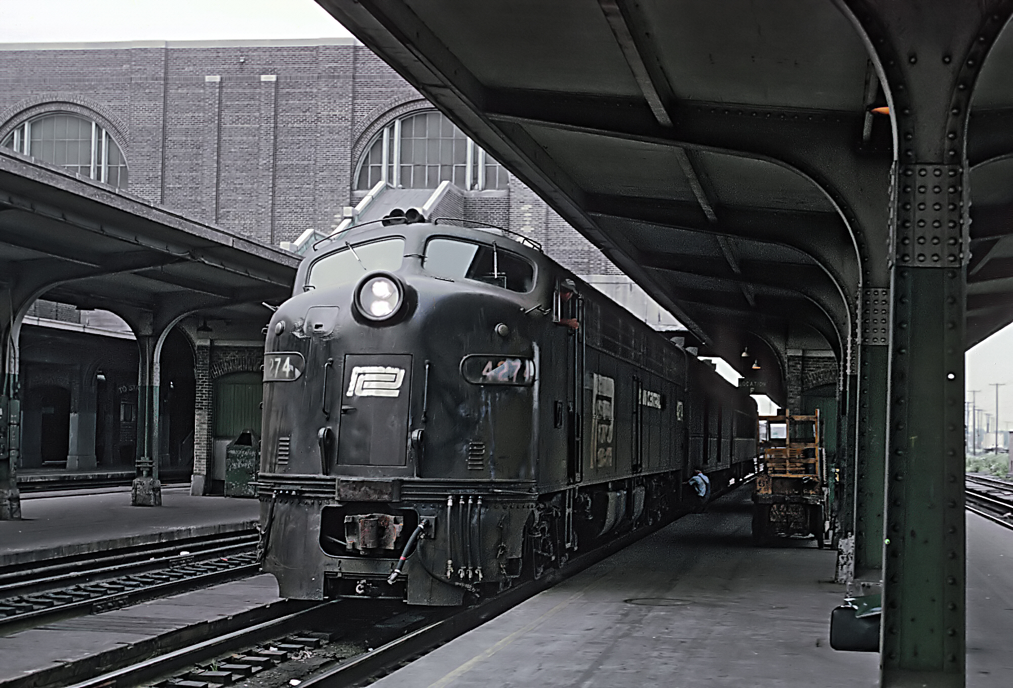 Penn Central E8A 4274 ready to leave Buffalo Central Terminal with train 575, the Buffalo Day Express, on July 20, 1969