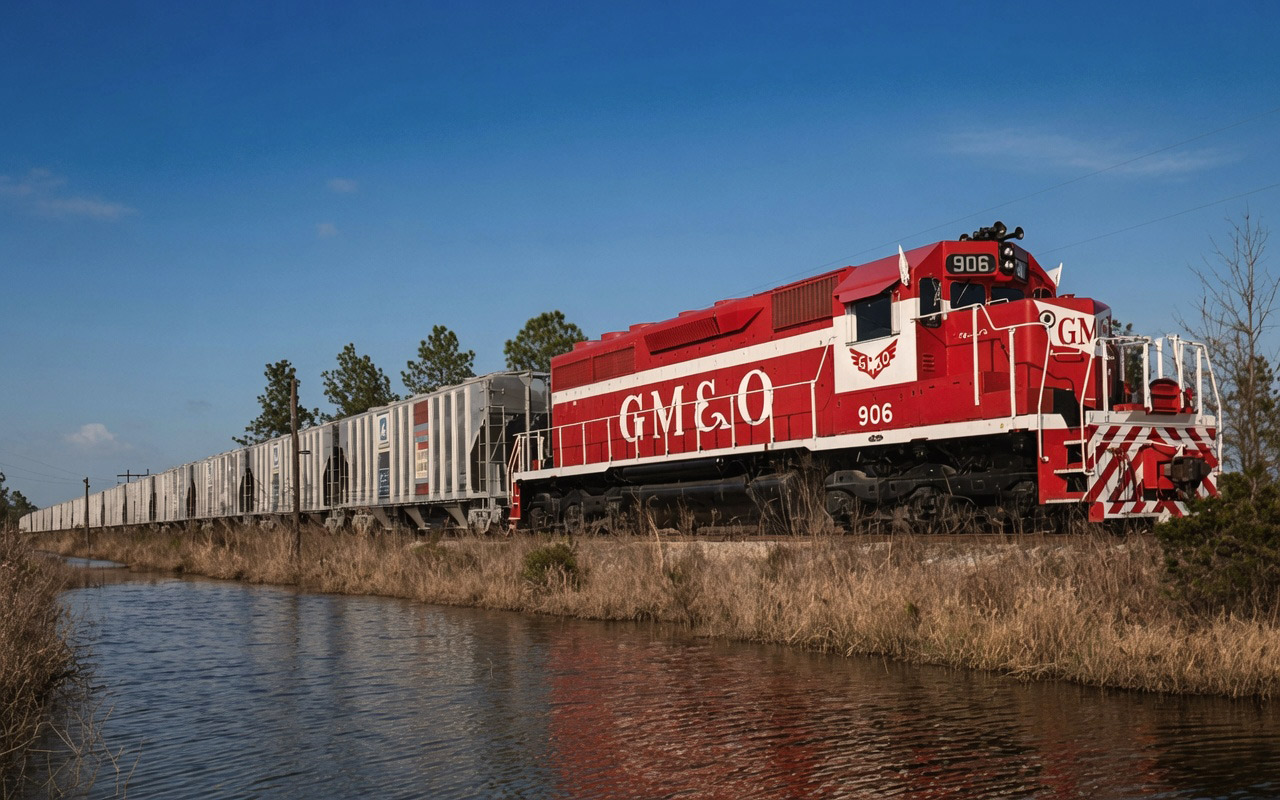 New Gulf, Mobile and Ohio SD40 906 with covered hoppers of alumina in March 1966