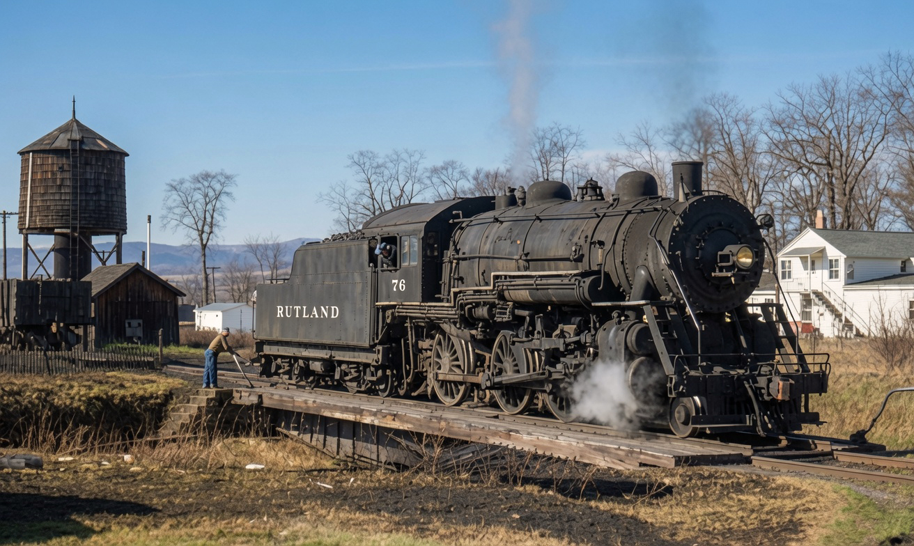 Rutland 4-6-0 76 on the Armstrong turntable at Bennington Vermont April 12 1952