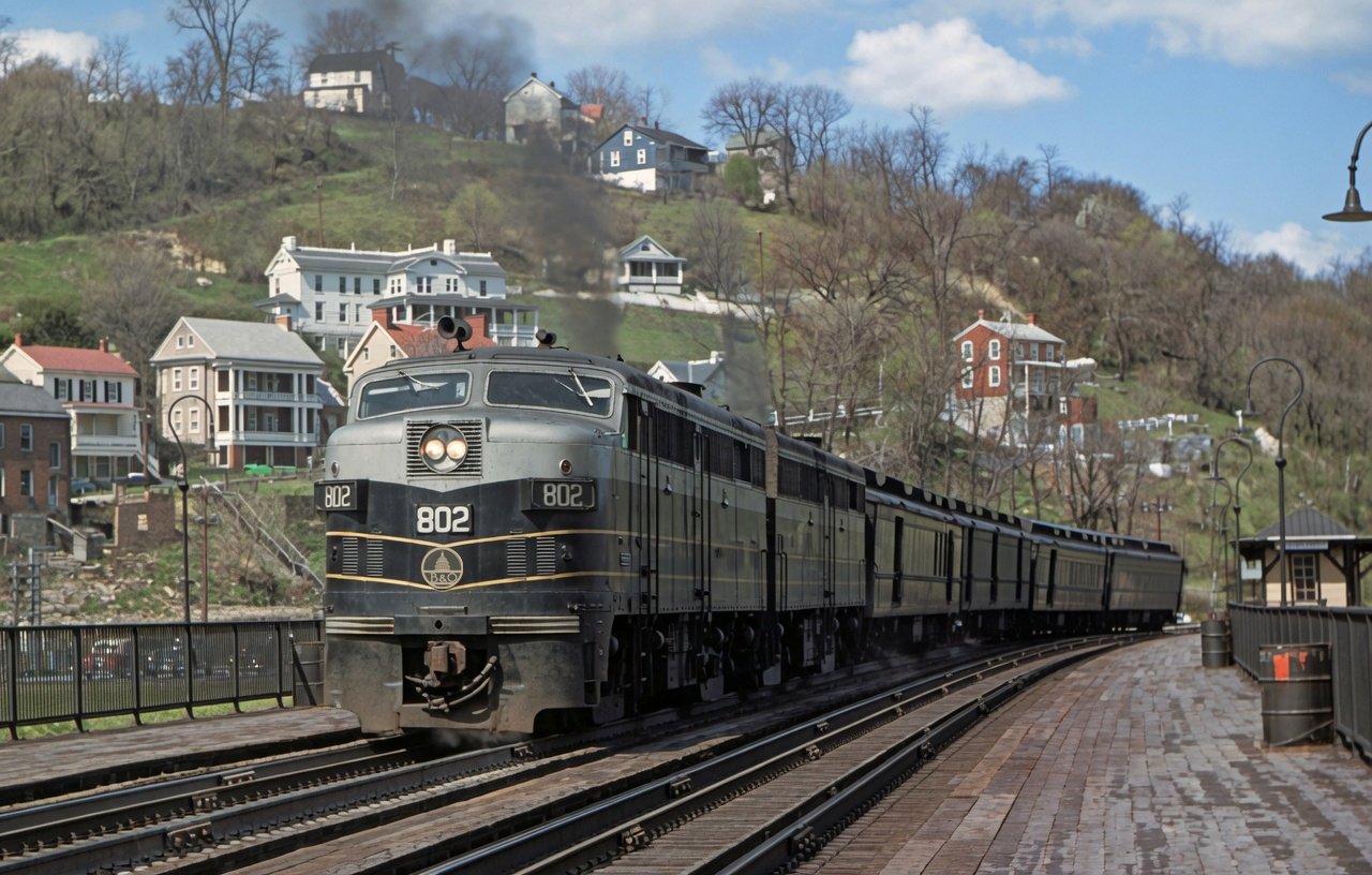Baltimore and Ohio FA-2 FB-2 set with train 34 crossing the Potomac at Harpers Ferry spring 1956