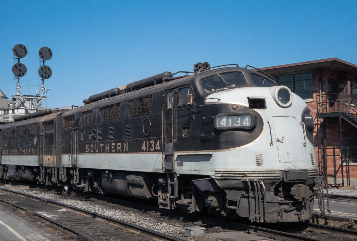 Southern Railway F3s led by 4134 at Roanoke, Virginia, on the Norfolk and Western, April 4, 1967