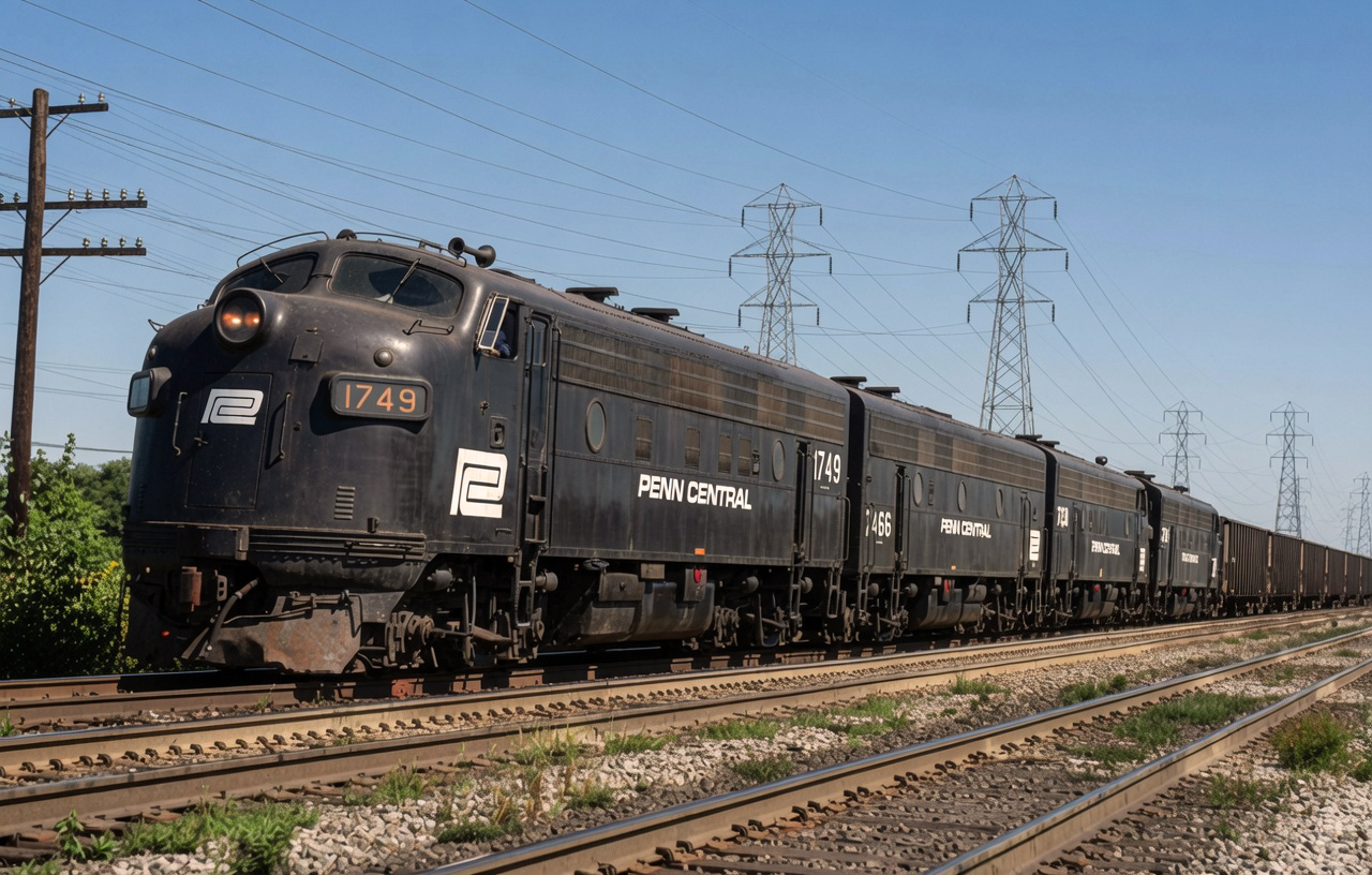 Penn Central F7s led by 1749, ex-New York Central, with a coal train at Cleveland, Ohio, in September 1975