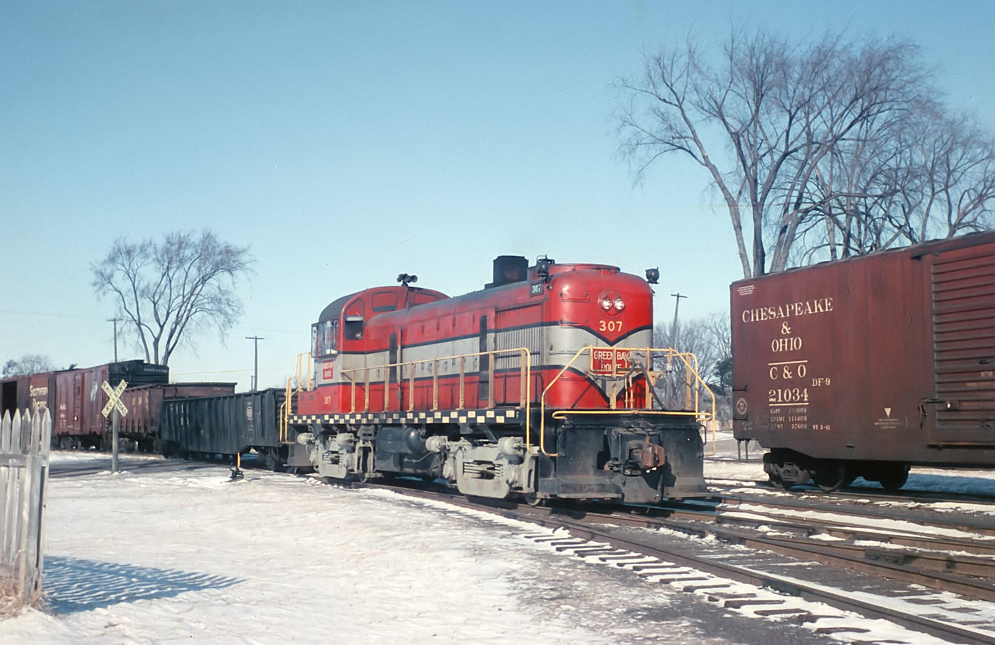 Green Bay and Western RS3 307 at Wisconsin Rapids, Wisconsin, in January 1964