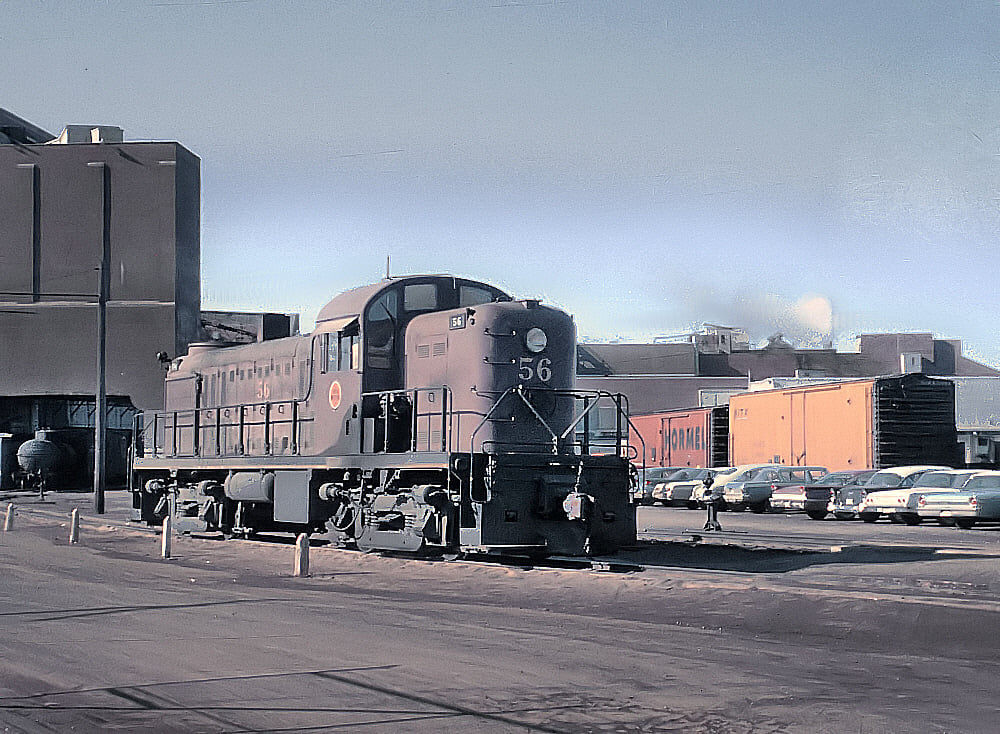 Chicago Great Western RS2 56 switching the Hormel plant in Austin, Minnesota, in February 1964