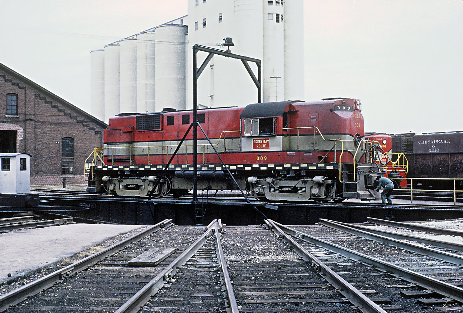 Green Bay and Western RS11 309, the only one, on the turntable at Norwood Yard in September 1963