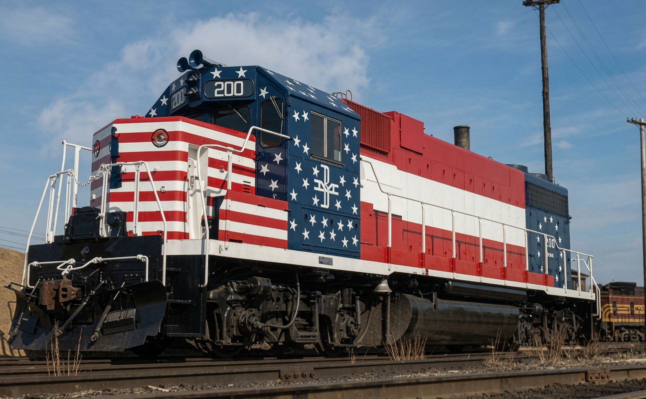 Boston and Maine GP38-2 200 in Bicentennial paint at Rigby Yard South Portland March 23 1975
