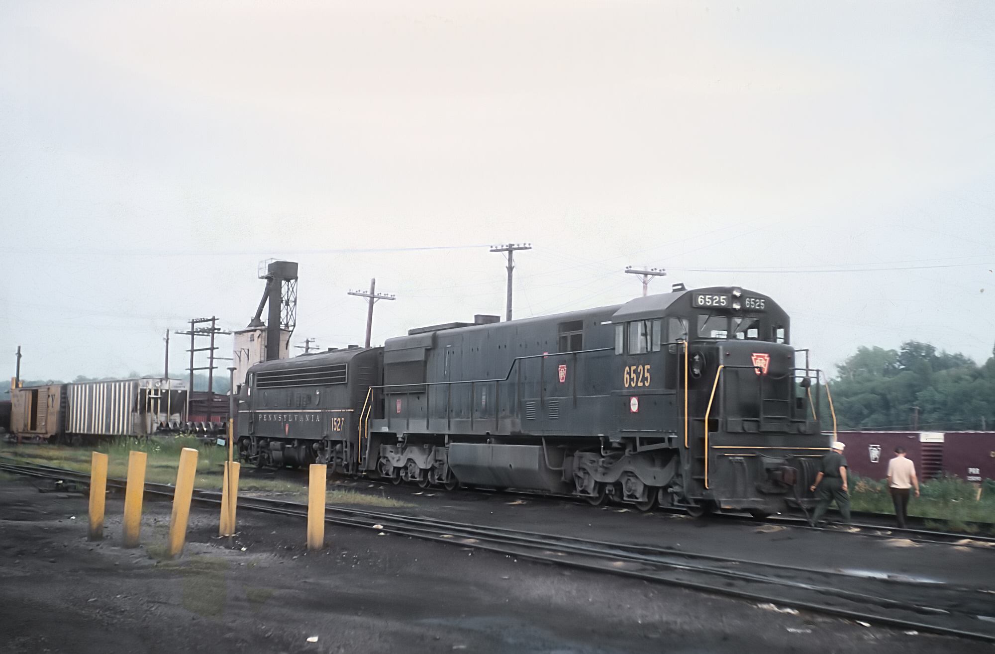 Pennsylvania U28C 6525 and F7A 1527 at Richmond Indiana in August 1967