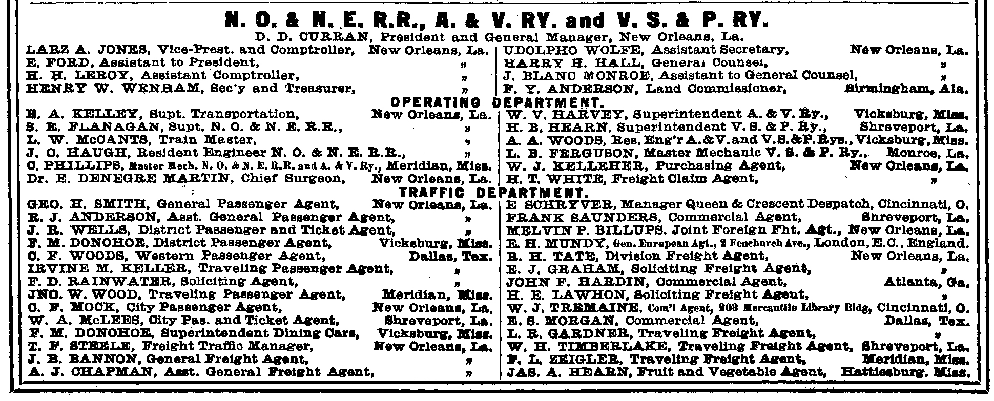 Period officers list for New Orleans and Northeastern Alabama and Vicksburg and Vicksburg Shreveport and Pacific Queen and Crescent roads