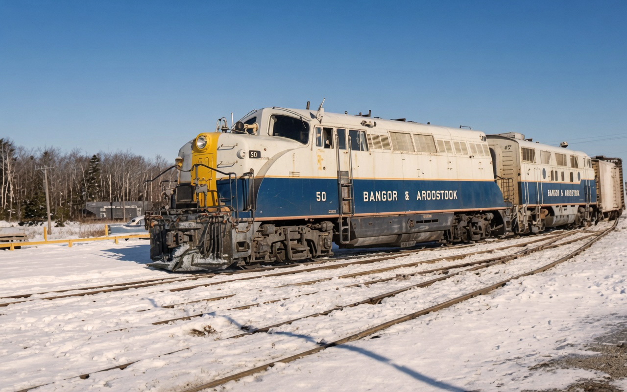 Bangor and Aroostook BL2 50 and F3A 47 bring a train into Searsport Maine January 24 1960