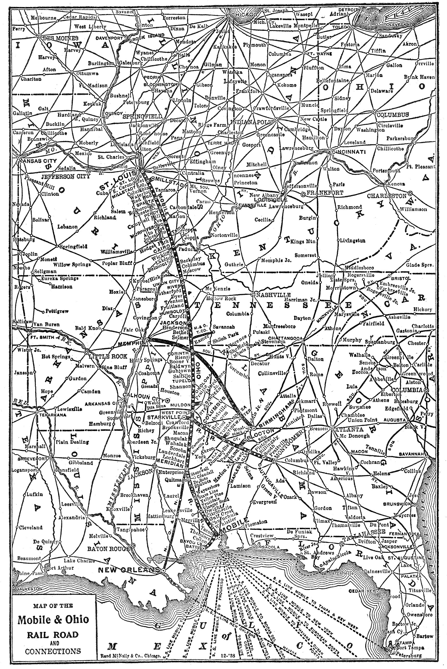 Rand McNally map of the Mobile and Ohio Railroad and connections, December 1938