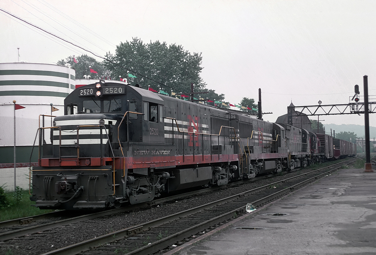 New Haven U25Bs passing Danbury station on July 28, 1968