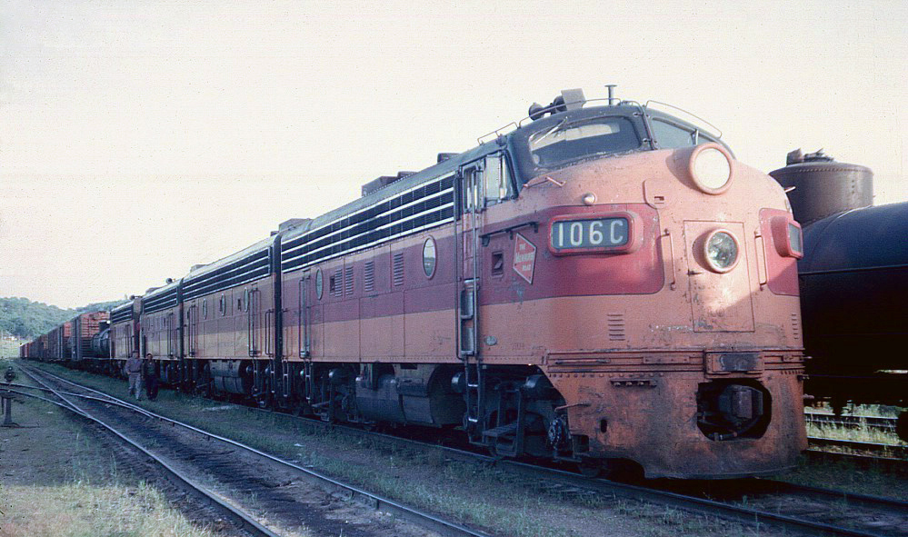 An A-B-A-A set of Milwaukee Road F7s led by 106-C at Pigs Eye Yard in St. Paul on June 4, 1964