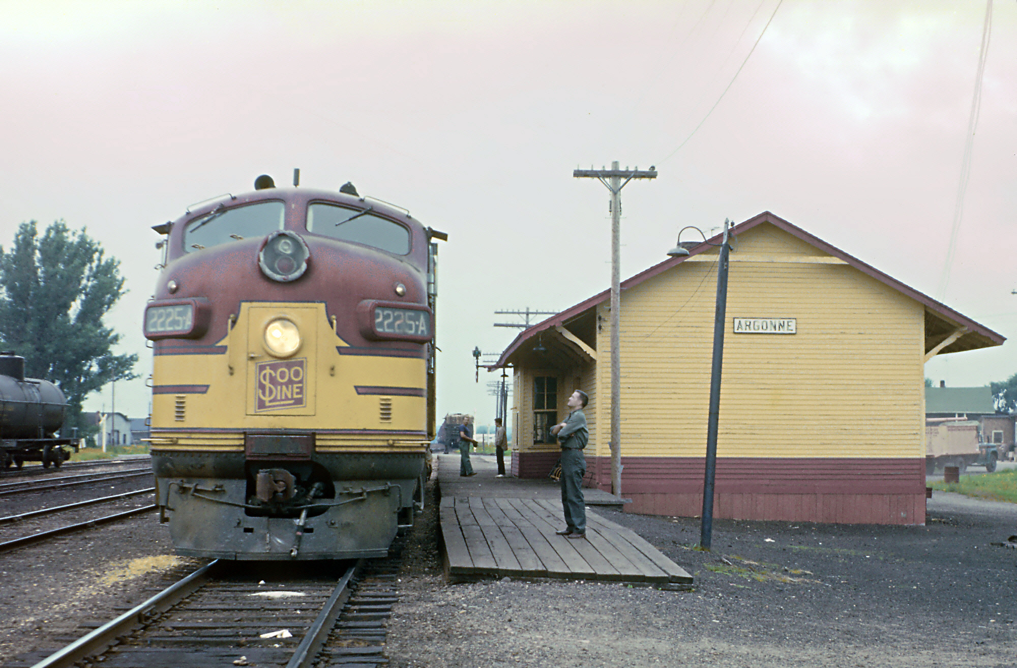Soo Line F7A 2225-A with the Neenah-Argonne mixed train at Argonne, Wisconsin, in September 1963
