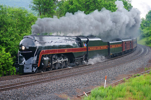 Norfolk & Western 4-8-4 #611 (J) hustles through a curve near Dismal Hollow, Virginia on June 5th. Tom Granville photo.