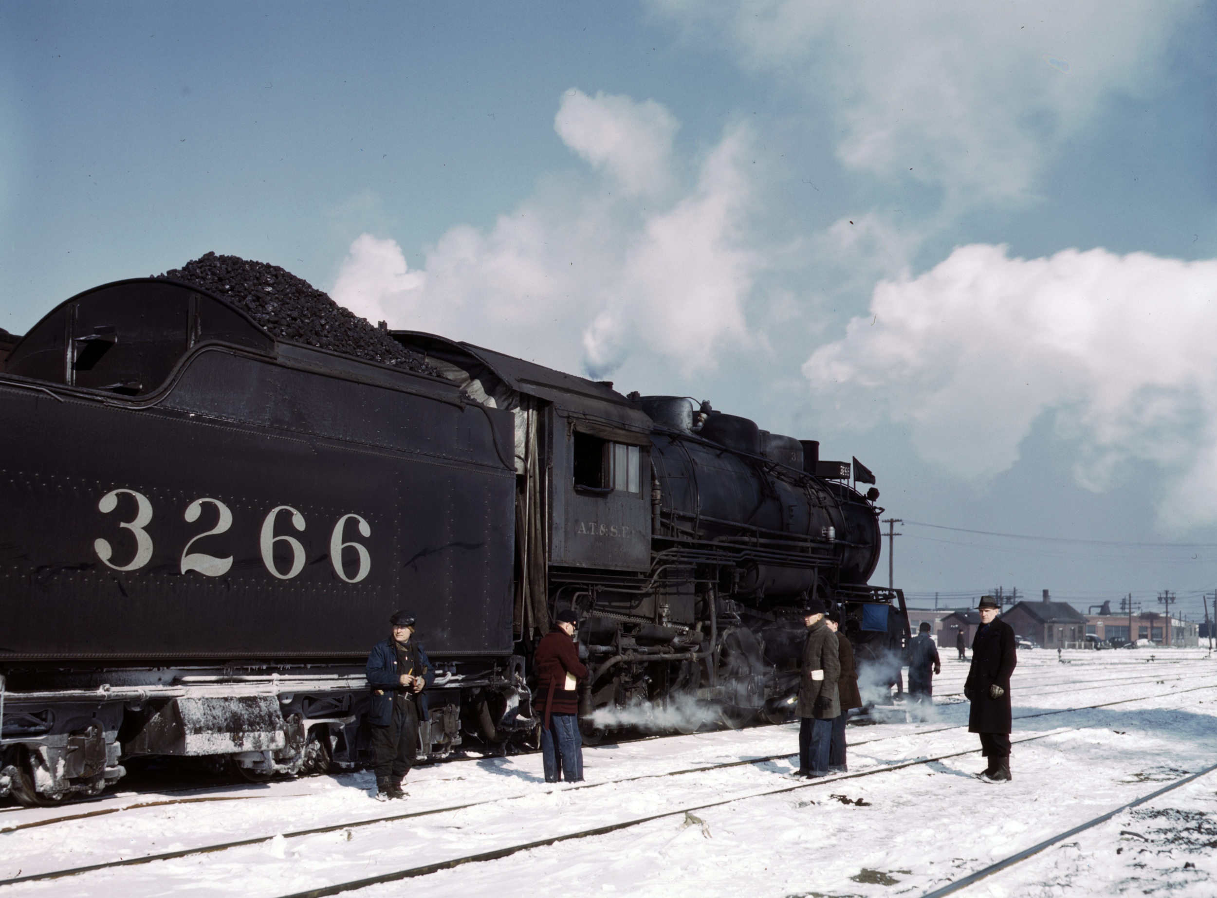 Santa Fe 2-8-2 3266 westbound freight Corwith Yard Chicago March 1943 Jack Delano