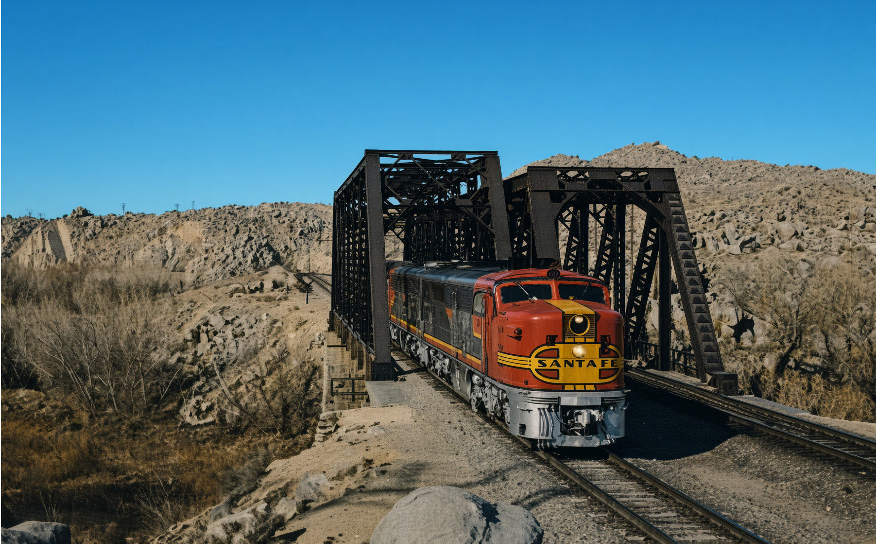 Santa Fe diesel locomotives in classic Warbonnet paint