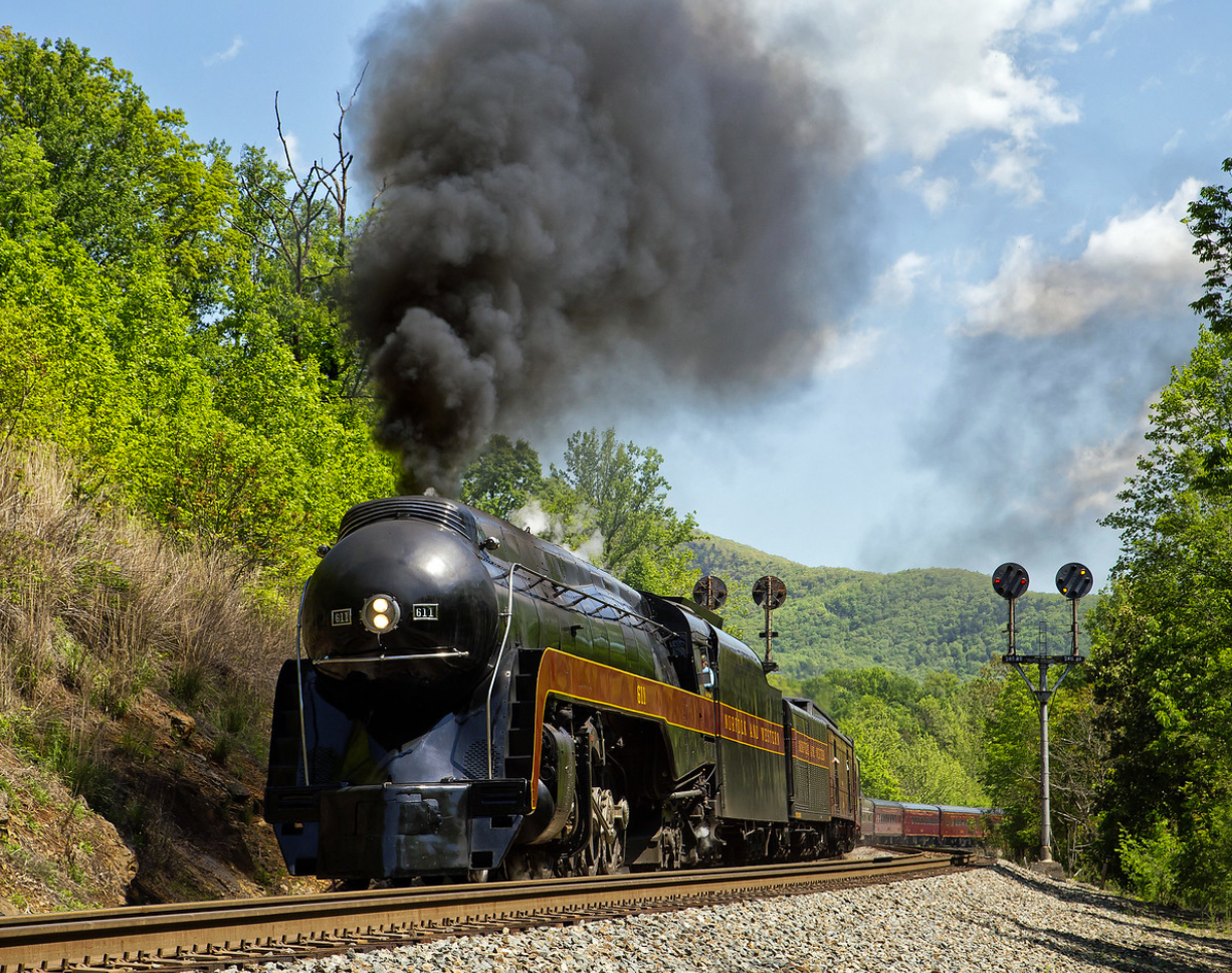 Scenic passenger train in mountain country