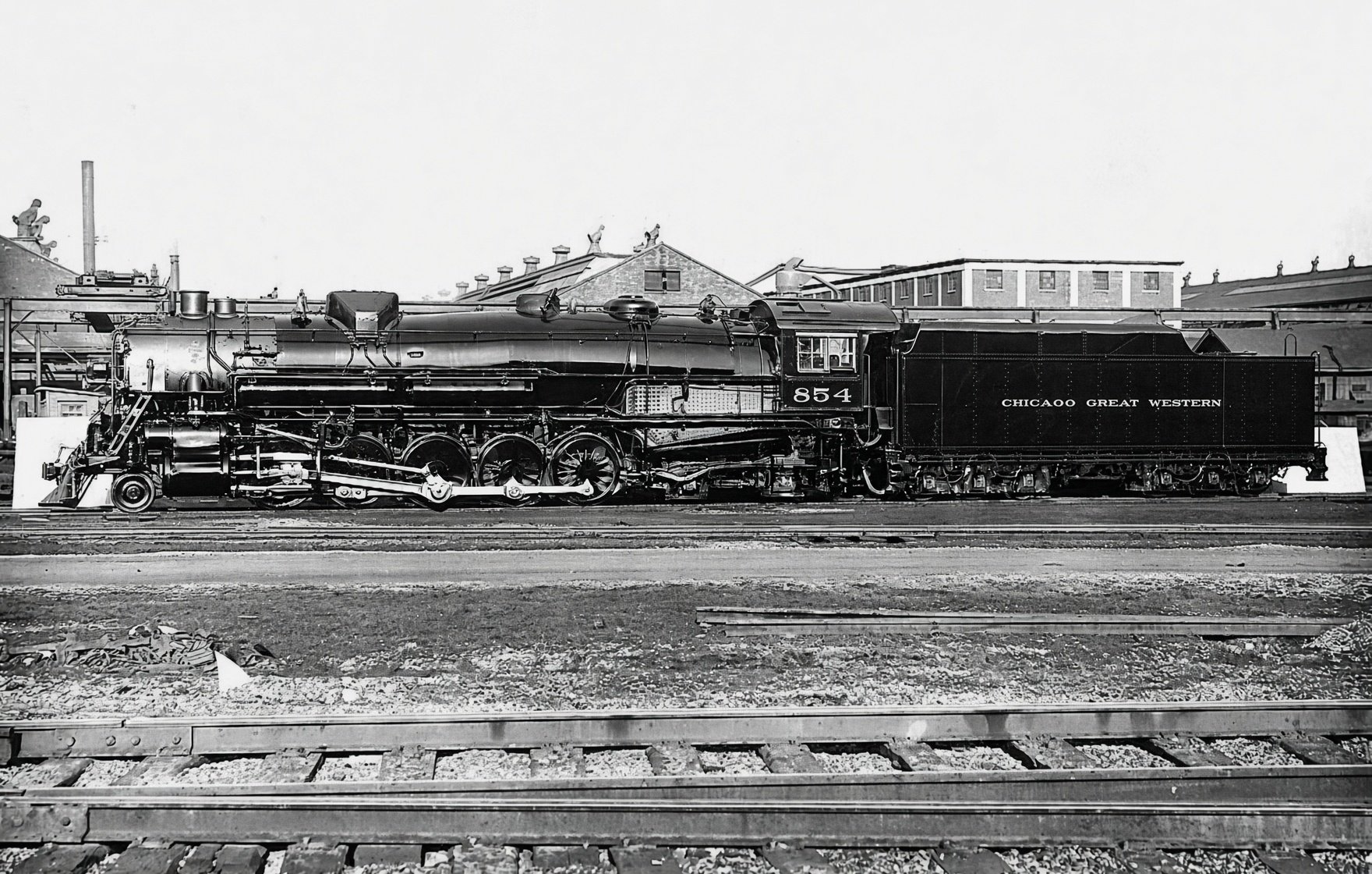 Chicago Great Western 2-10-4 854 is seen here at the railroad's Oelwein, Iowa shops in 1930
