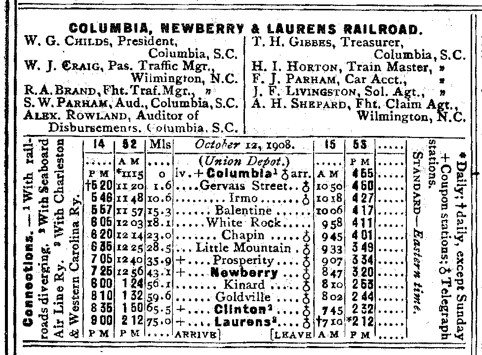Columbia, Newberry and Laurens Railroad timetable from the January 1910 Official Guide, the card dated October 12, 1908