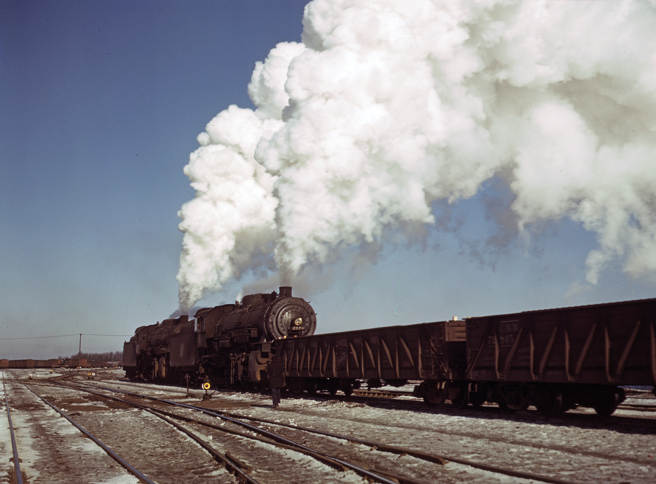 Chicago and North Western Class J 2-8-2s led by 2570 at Proviso Yard Melrose Park Illinois December 1942 Jack Delano