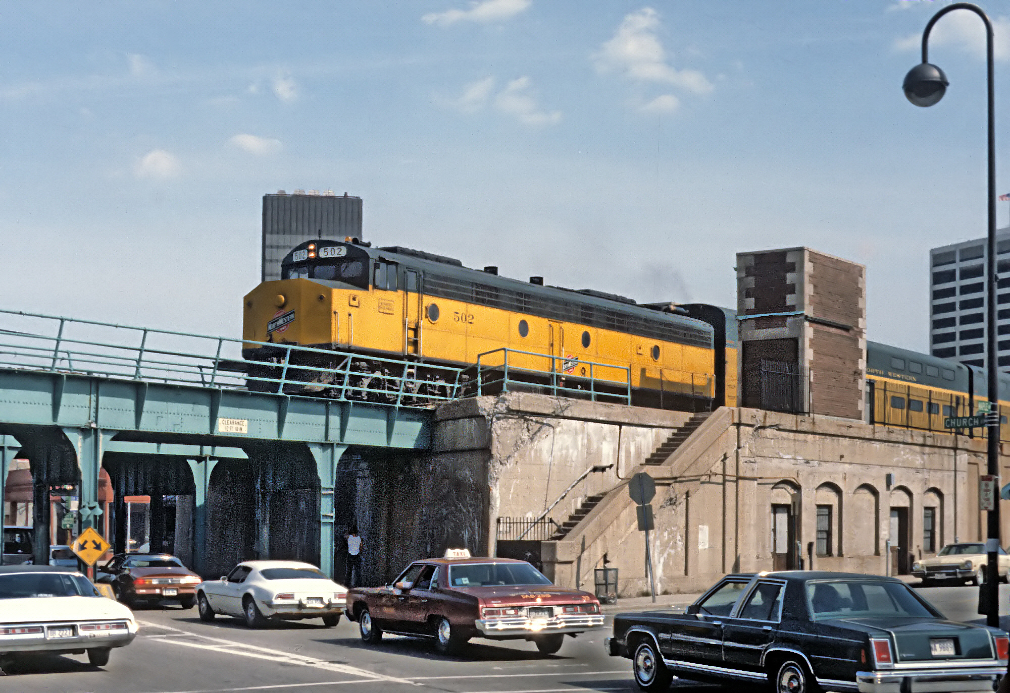 Chicago and North Western Crandall Cab 502 in commuter service at Church Street Evanston Illinois May 1980
