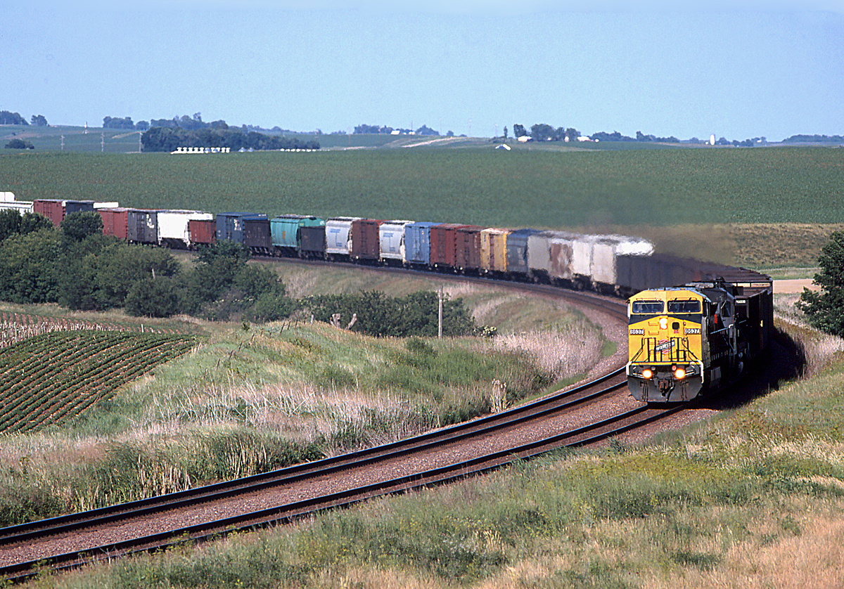 Chicago and North Western C44-9W 8637 on Union Pacific Clinton Subdivision at Arcadia Iowa June 18 2000