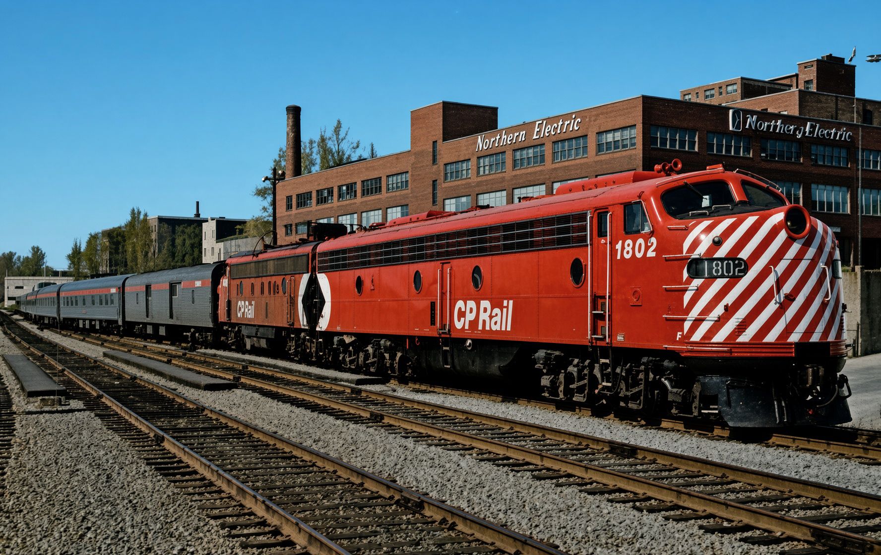 Canadian Pacific E8A 1802 leading the Atlantic approaching Windsor Station Montreal April 20 1973