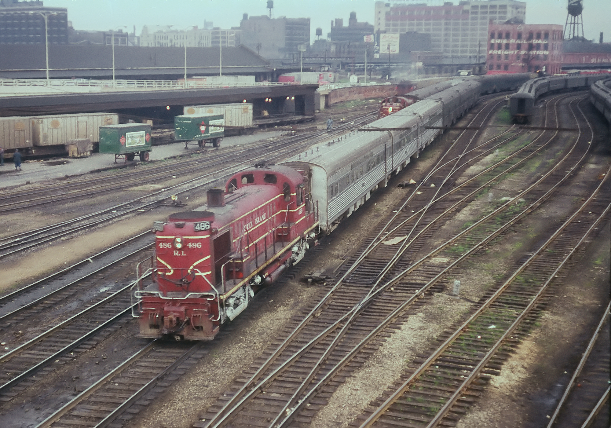 Rock Island RS3 486 inbound commuter toward LaSalle Street Station Chicago May 13 1964 Roosevelt Road viaduct