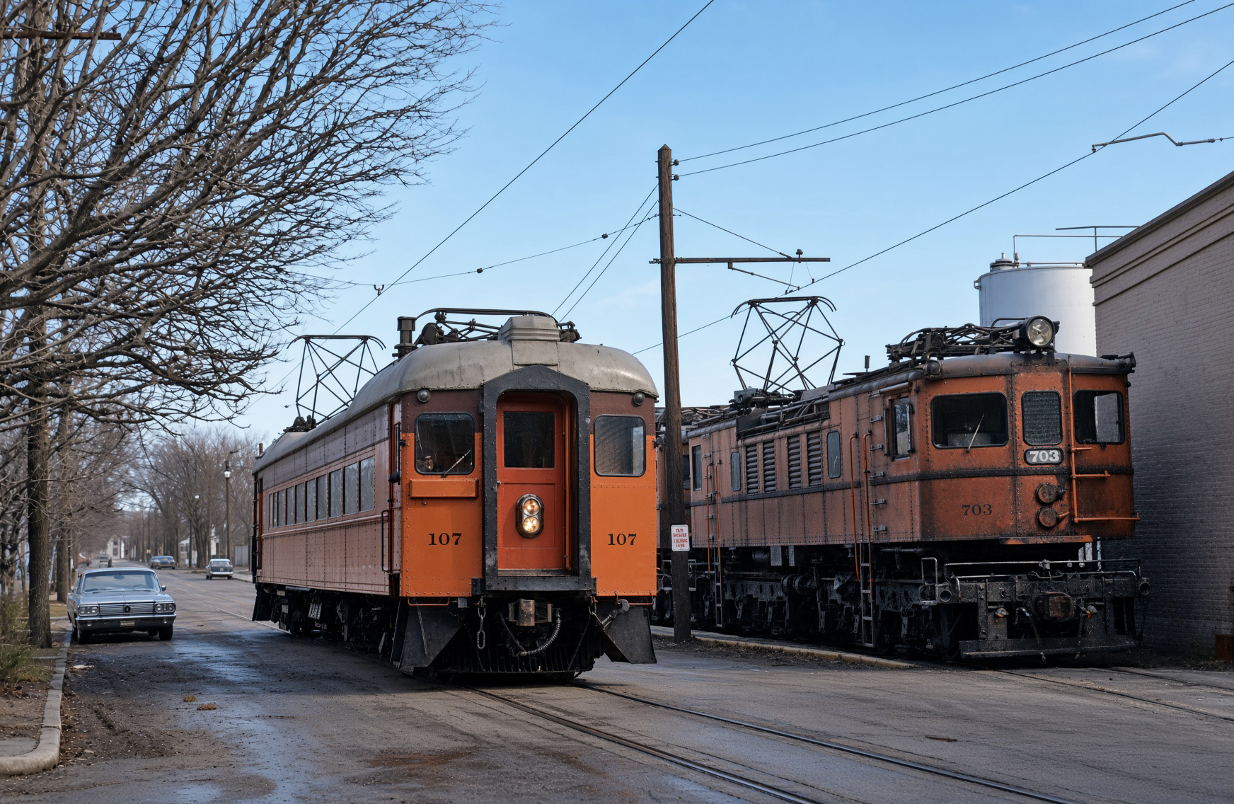 South Shore Line car 107 on Orange Street in South Bend while R-2 703 switches on January 27, 1964