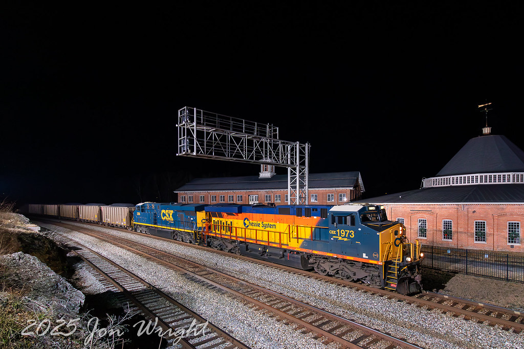 CSX Chessie System heritage unit 1973 leading eastbound coal C315 at Martinsburg West Virginia December 21 2025