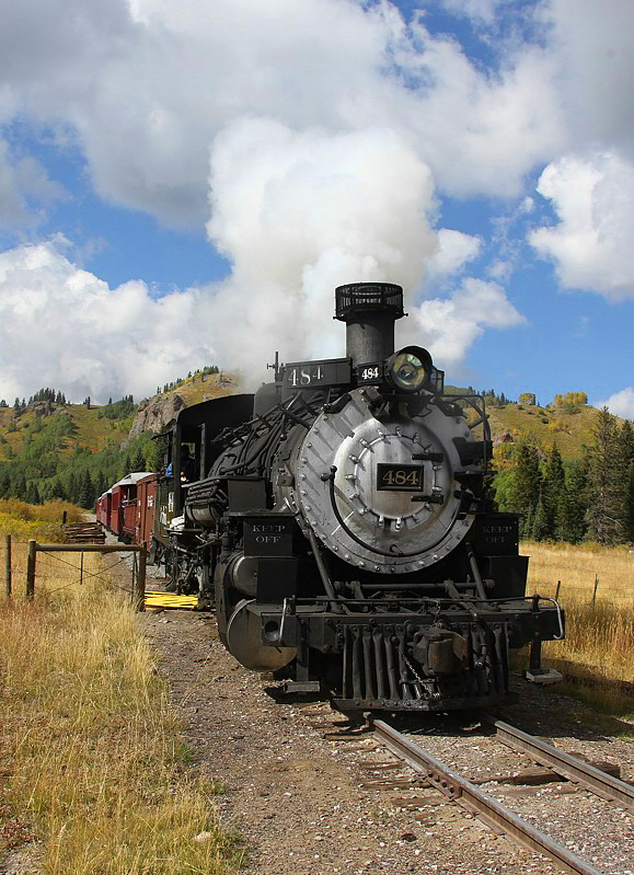 Cumbres & Toltec Scenic 2-8-2 484 leads an excursion in the fall at Coxo, CO
