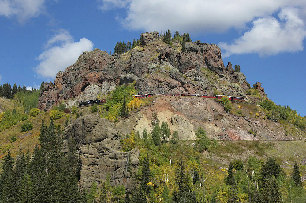 Cumbres and Toltec steam train through fall aspens on Cumbres Pass