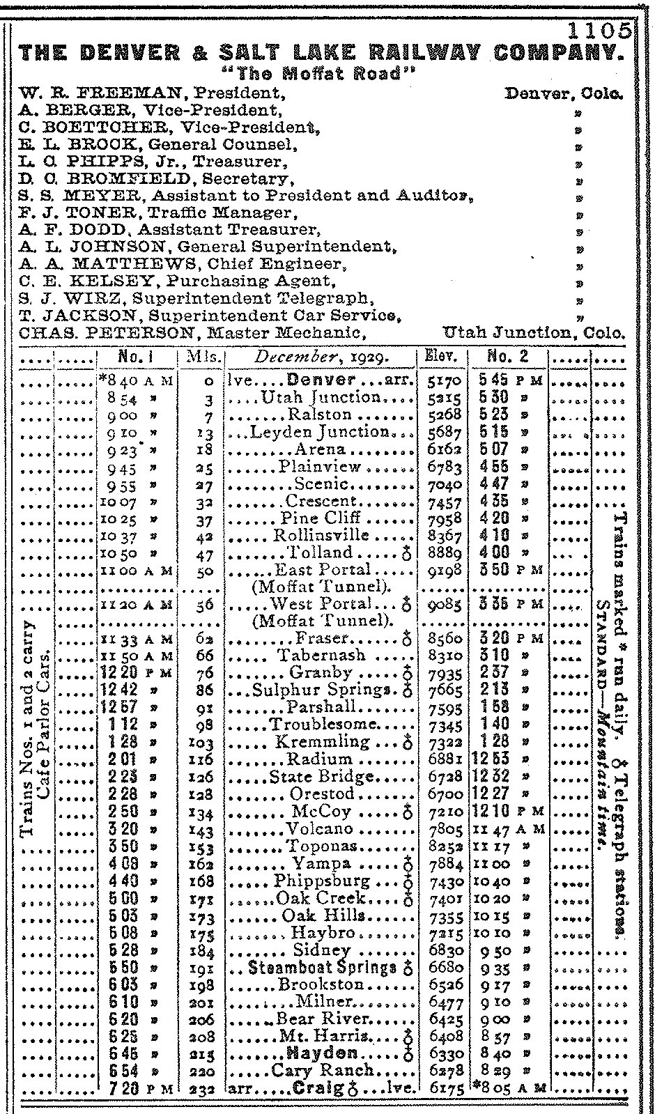 Denver and Salt Lake Railway timetable dated December 1929, from the January 1930 Official Guide