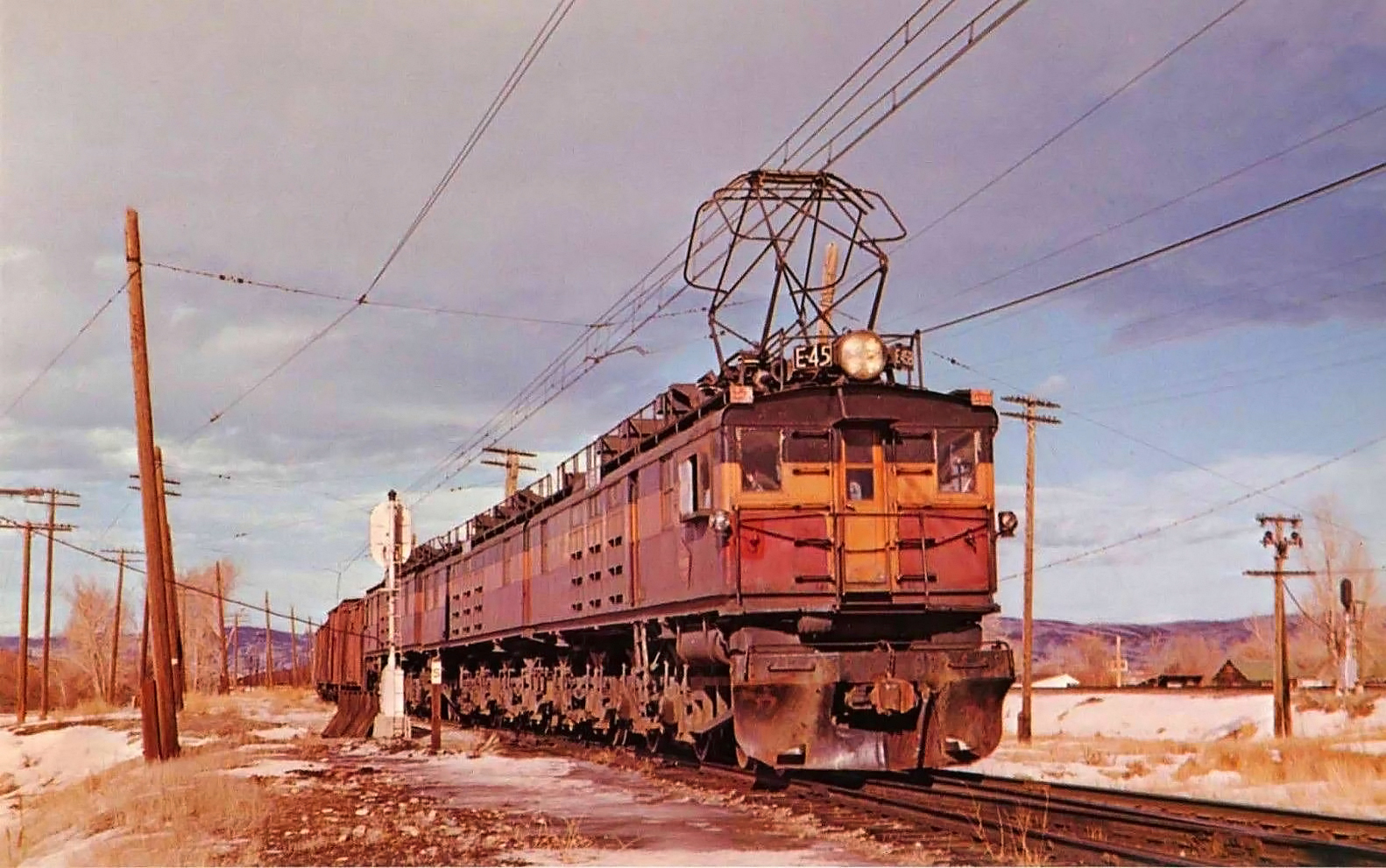 Milwaukee Road boxcab set E-45 at Deer Lodge Montana February 2 1962 C G Heimerdinger Jr