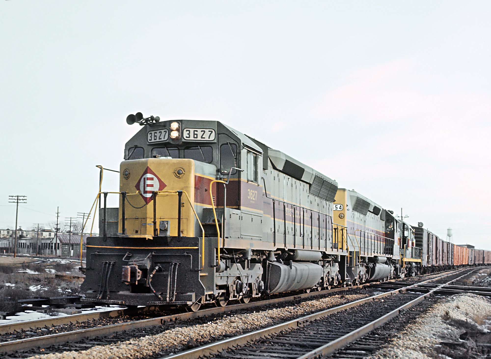 Erie Lackawanna SD45 3627 heads west at State Line Tower in 1972