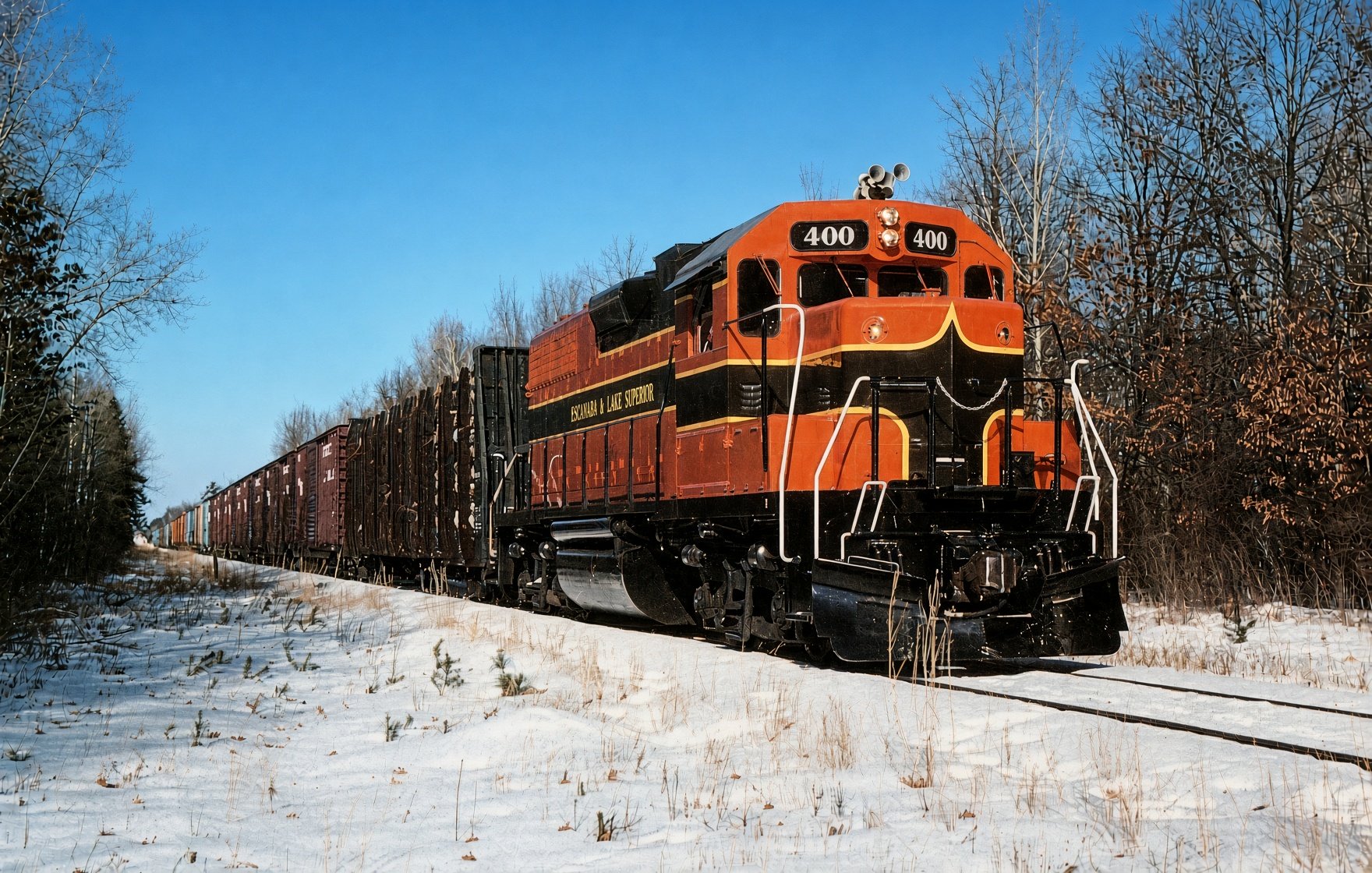 Escanaba & Lake Superior GP38-2 400 at Crivitz WI in February 1989