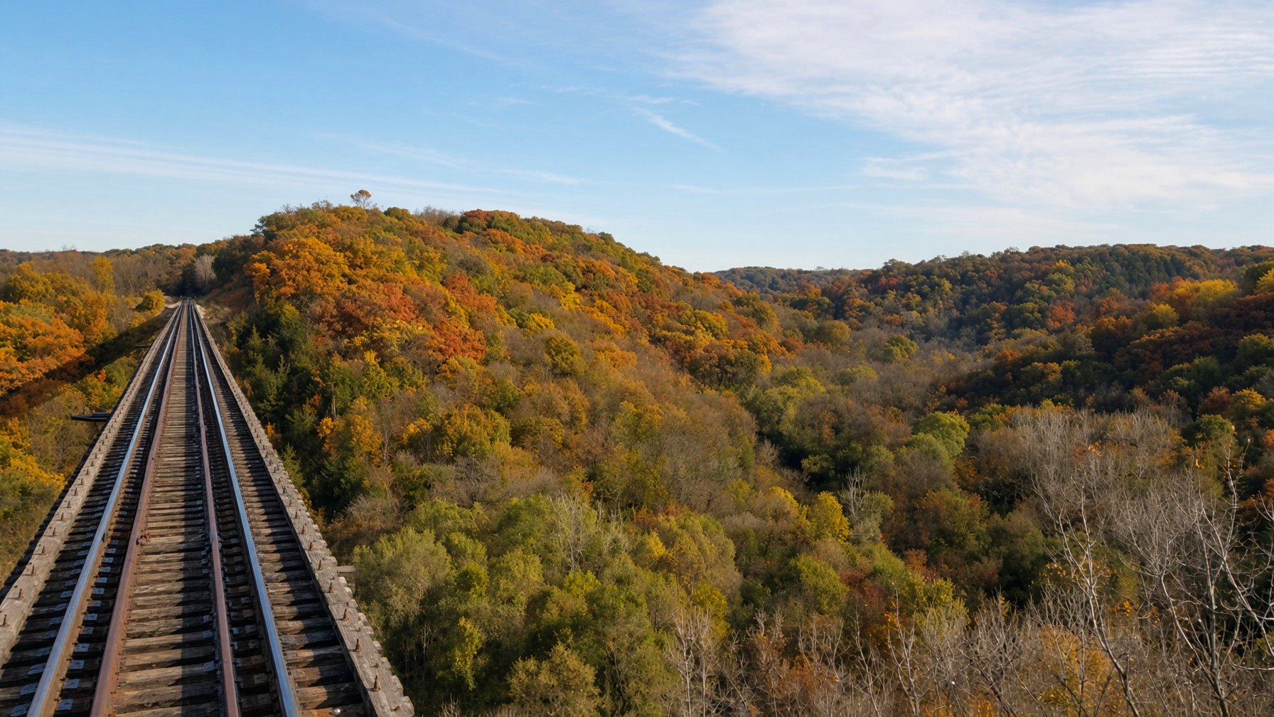 Boone and Scenic Valley Railroad at Bass Point Creek High Bridge during the fall season