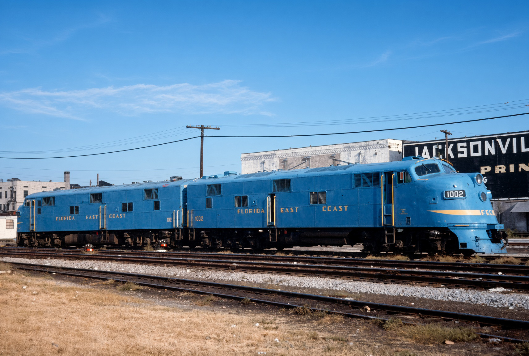Florida East Coast E3A 1002 and E7A 1012 laying over at Jacksonville during the railroad's 1965-1968 passenger service