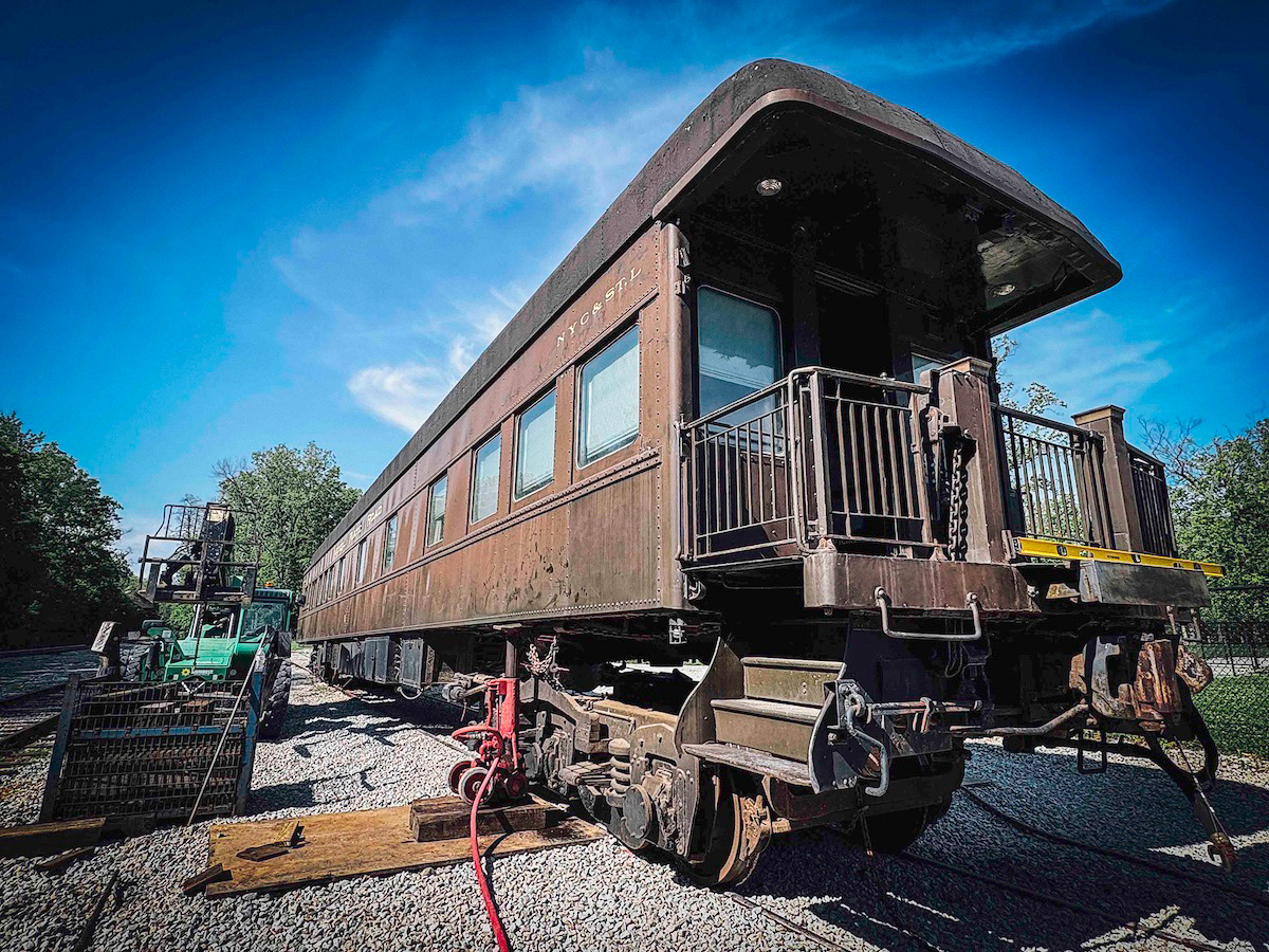 Nickel Plate Road business car No. 1 being prepared for truck transport to the Fort Wayne Railroad Historical Society shop in New Haven, Indiana