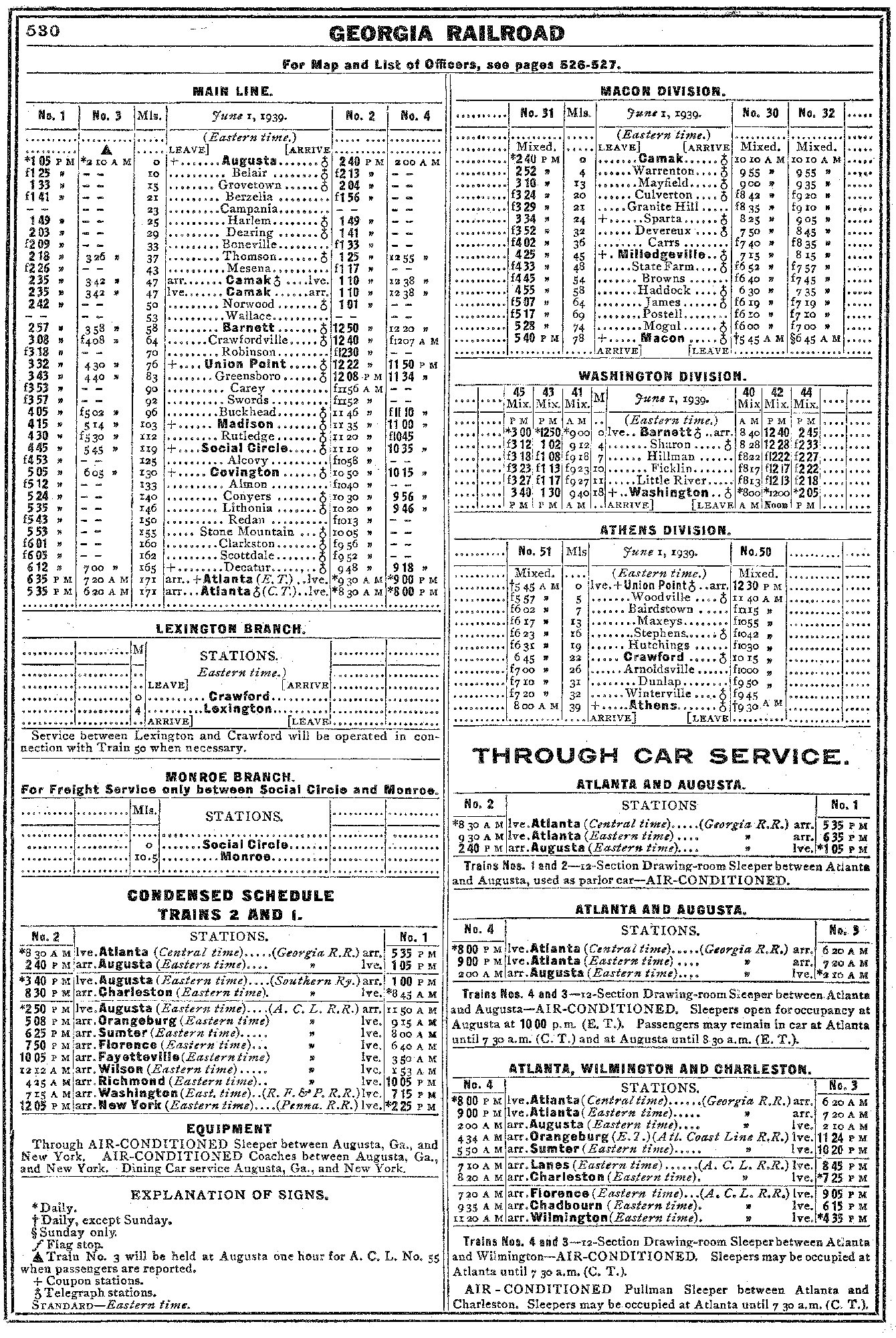 Georgia Railroad timetables from the March, 1940 Official Guide