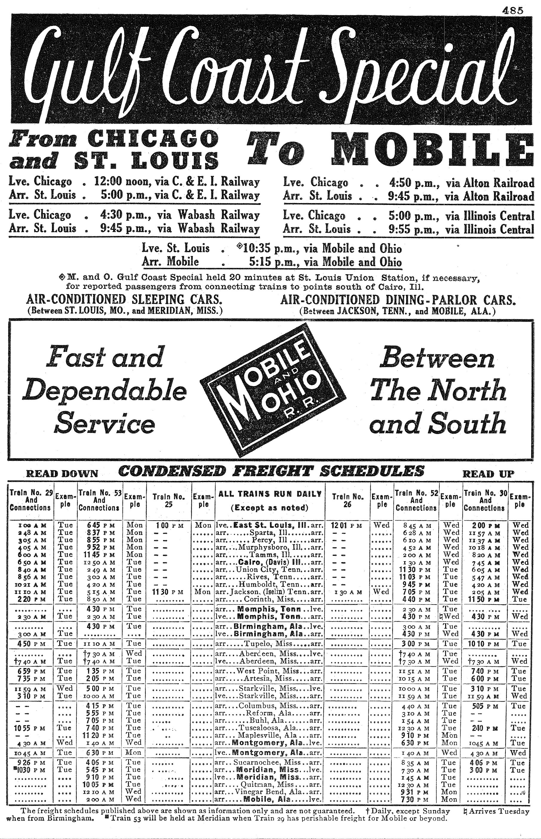 Mobile and Ohio Official Guide page 485, March 1940, Gulf Coast Special connections and freight schedules