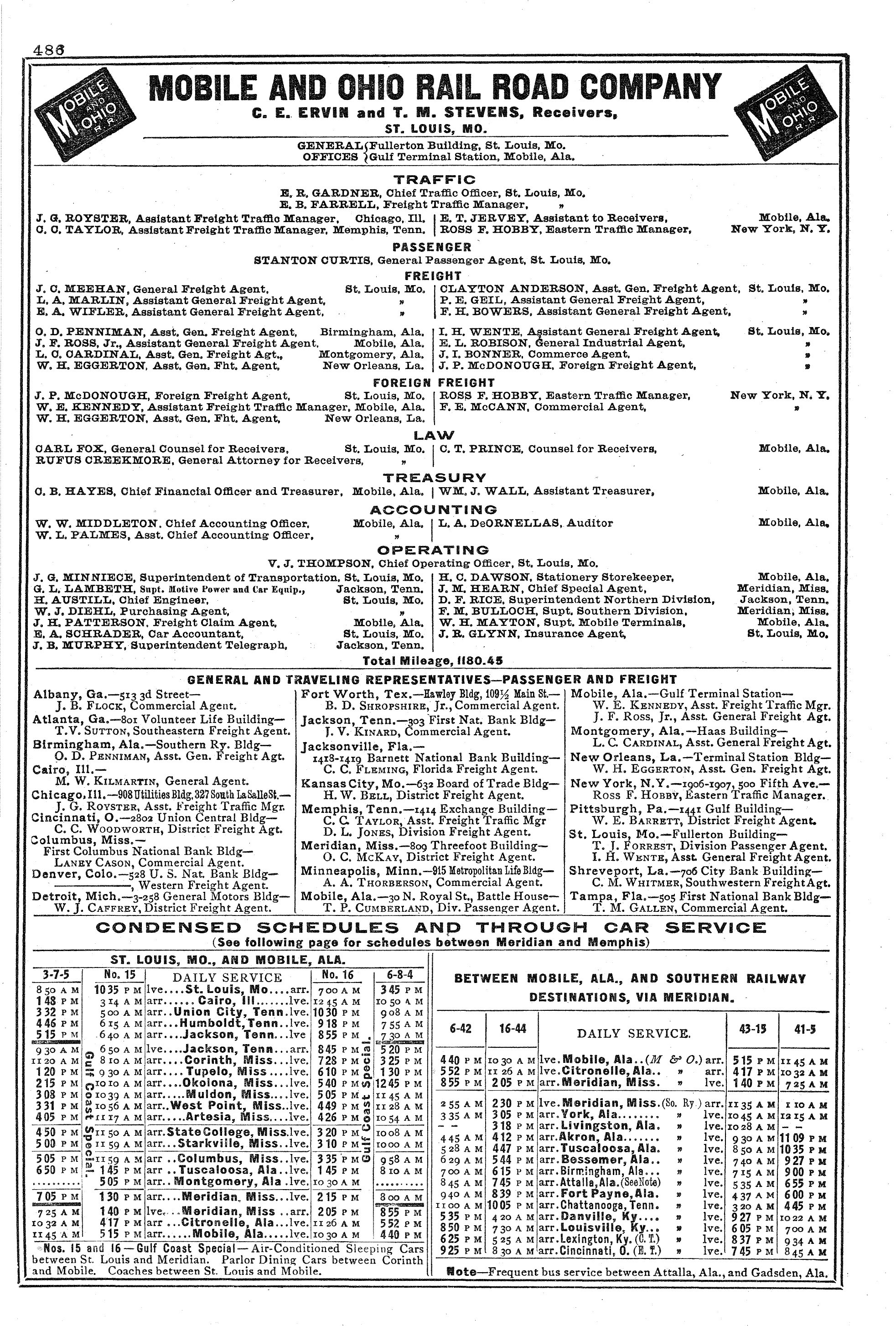 Mobile and Ohio Official Guide page 486, March 1940, receivers and the Gulf Coast Special