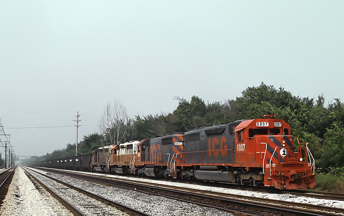 Illinois Central Gulf SD40A 6007 leading SD40X 6071 at Homewood, Illinois, on July 23, 1987