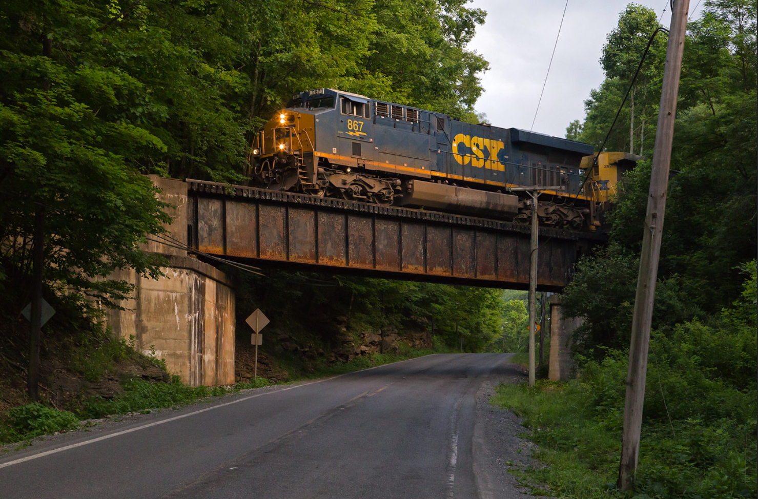 CSX coal train crosses over Route 20 near Quinwood, West Virginia.