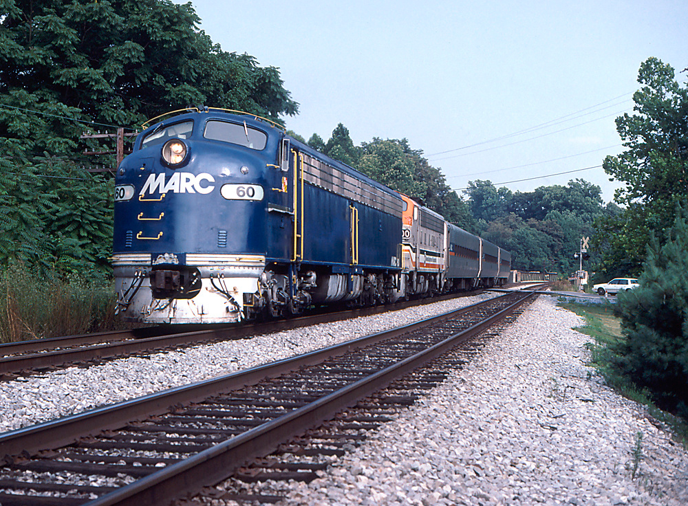 MARC E8AM 60 westbound commuter at Forest Glen Maryland July 23 1992